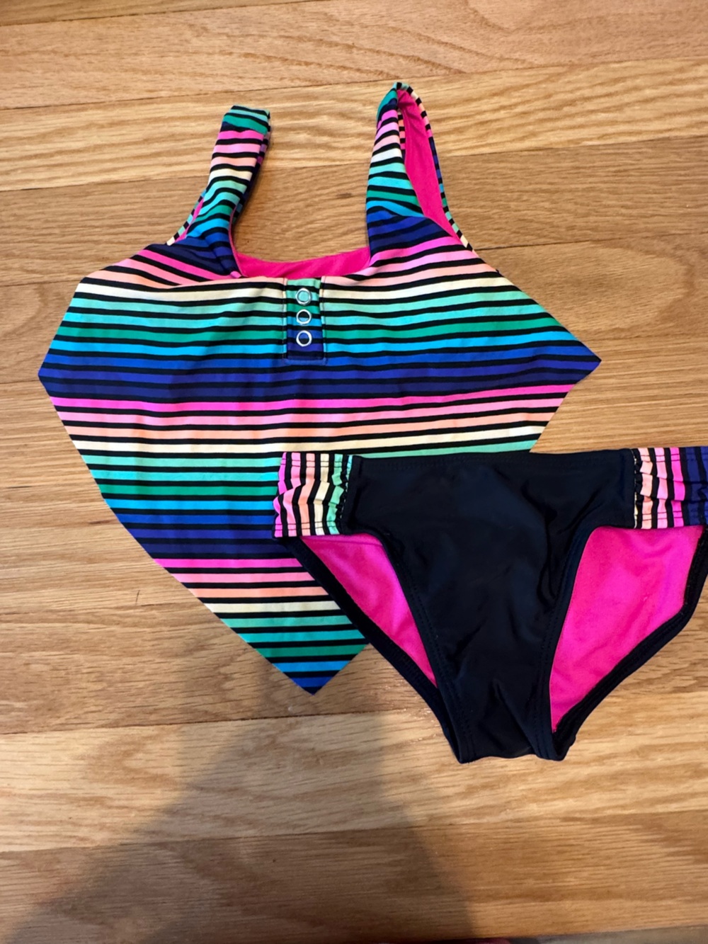 Gymboree Girls Rainbow Striped Tankini — Black & Pink Accents